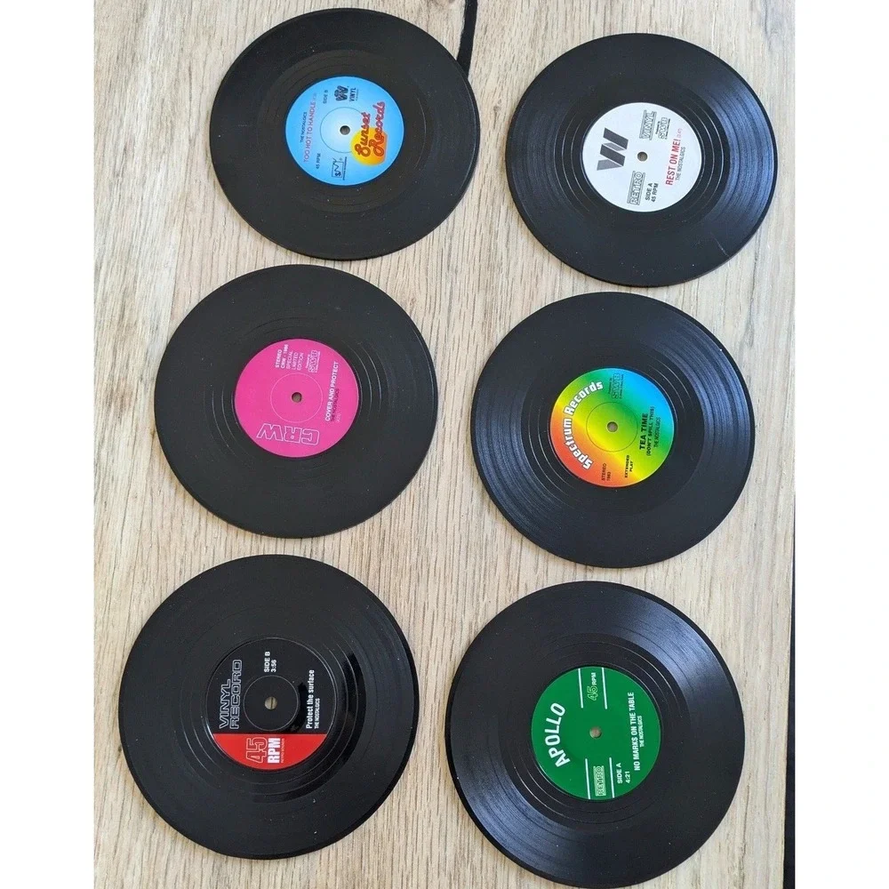 Retro Vinyl Record Coasters Set of 6 Black Multi Unisex OS Vintage Style 45 RPM